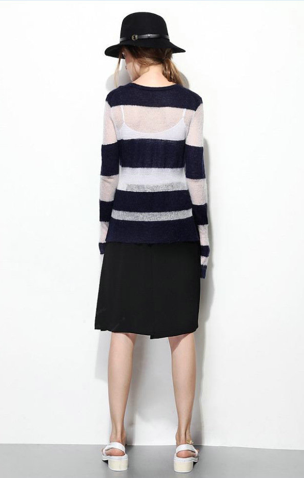 Fashion Sweater Hand Knitted Stripe Burst Loose Lady O-Neck - Black