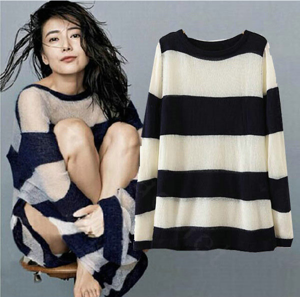 Fashion Sweater Hand Knitted Stripe Burst Loose Lady O-Neck - Black