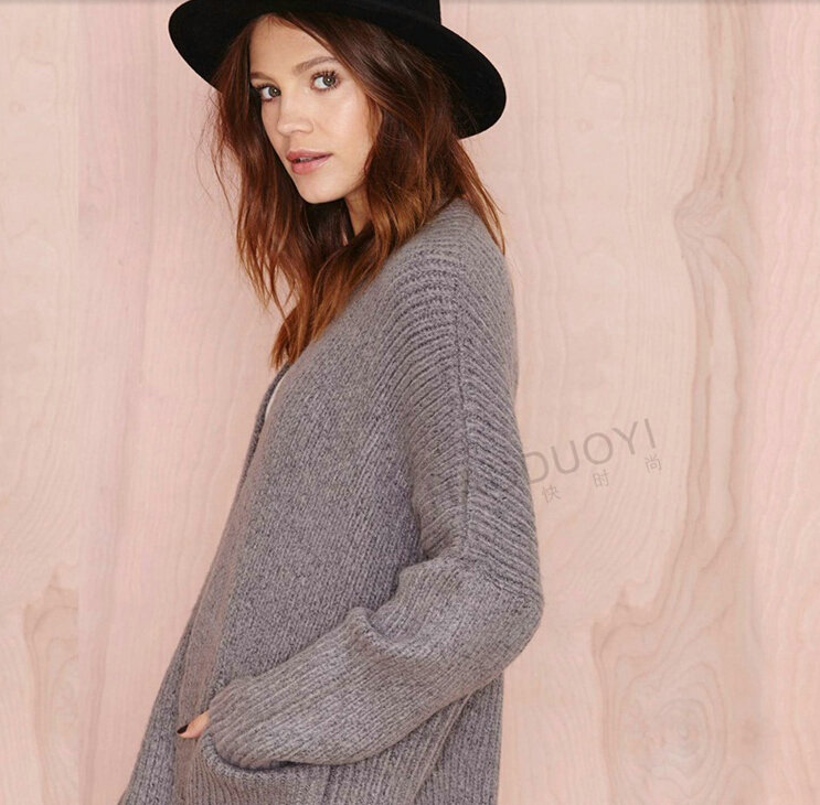 Fashion Sweater Pocket Cardigan Open Stitch Flat Knitted Female - Grey
