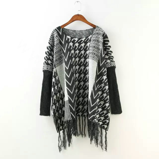 Fashion Sweater Retro Houndstooth Fringed Cloak Bat Sleeve Girl Tassel - Grey