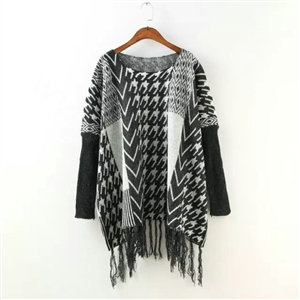 Fashion Sweater Retro Houndstooth Fringed Cloak Bat Sleeve Girl Tassel - Grey