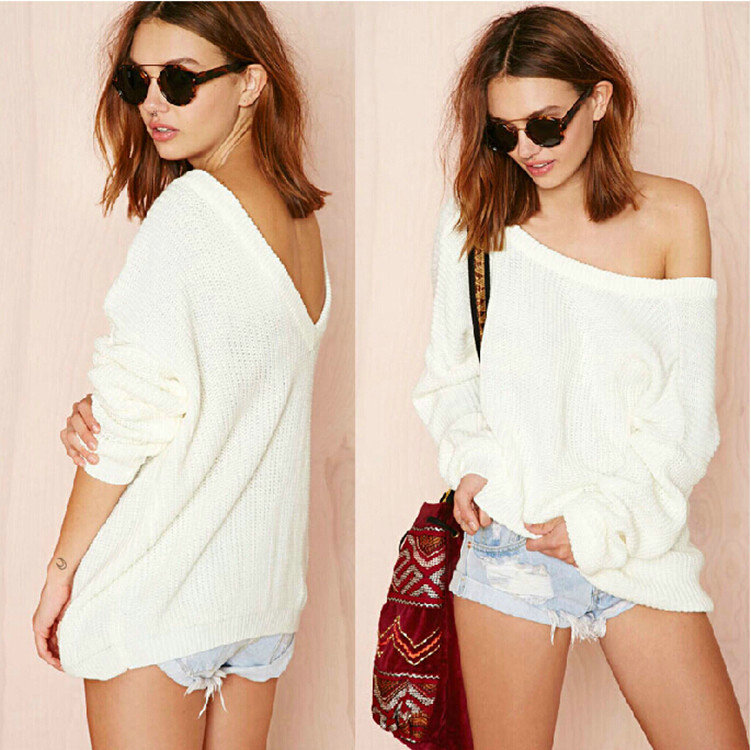 Fashion Sweater Strapless Design Back Deep V Bubble Sleeve Loose - White