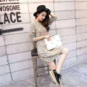 Fashion Winter Dresses Woolen Knee Length O-Neck Stripe Acrylic Full Sleeve Pocket - Beige