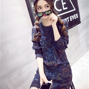 Fashion Winter Dresses Woolen Knee Length O-Neck Stripe Acrylic Full Sleeve Pocket - Blue