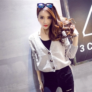 Female Sweater Flat Knitted Solid Button Cardigan Sleeves Short Thin - Grey