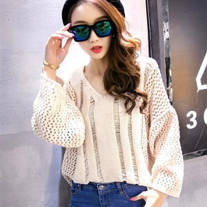 Female Sweater Loose Cut Short Lantern Sleeve Solid Thin - Beige