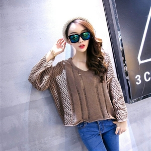 Female Sweater Loose Cut Short Lantern Sleeve Solid Thin - Khaki