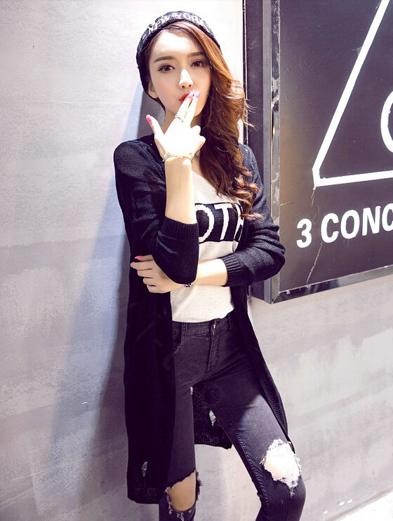 Female Sweater Solid Cardigans Long Sleeved Cardigan Open Stitch - Black