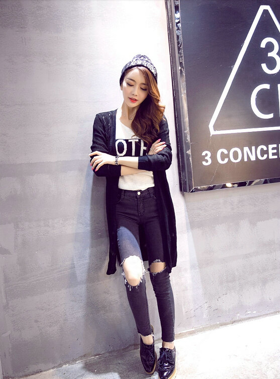 Female Sweater Solid Cardigans Long Sleeved Cardigan Open Stitch - Black