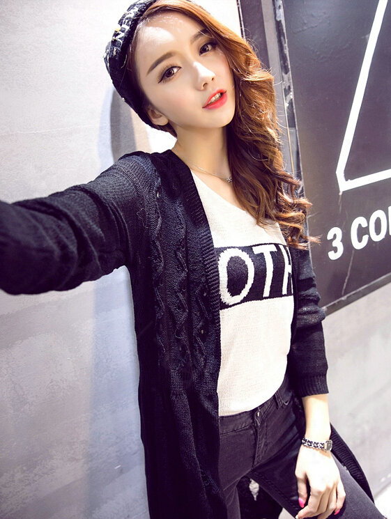 Female Sweater Solid Cardigans Long Sleeved Cardigan Open Stitch - Black