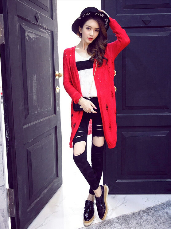 Female Sweater Solid Cardigans Long Sleeved Cardigan Open Stitch - Red