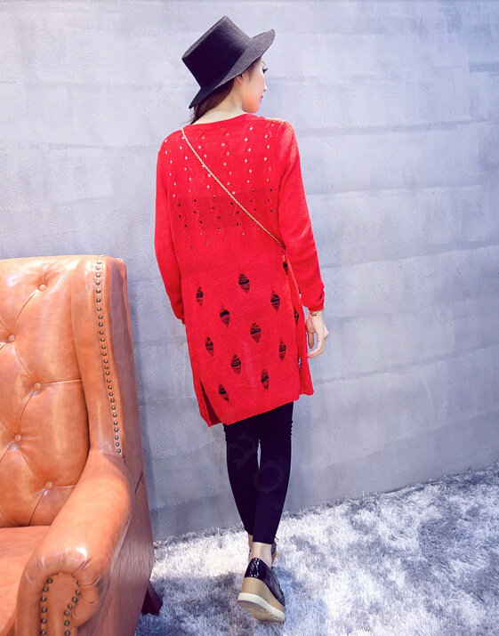 Female Sweater Solid Cardigans Long Sleeved Cardigan Open Stitch - Red