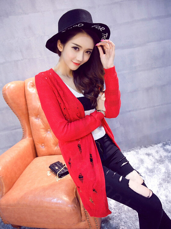 Female Sweater Solid Cardigans Long Sleeved Cardigan Open Stitch - Red