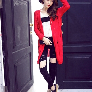 Female Sweater Solid Cardigans Long Sleeved Cardigan Open Stitch - Red