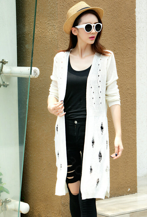 Female Sweater Solid Cardigans Long Sleeved Cardigan Open Stitch - White