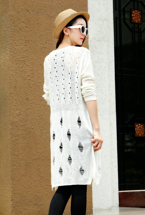 Female Sweater Solid Cardigans Long Sleeved Cardigan Open Stitch - White