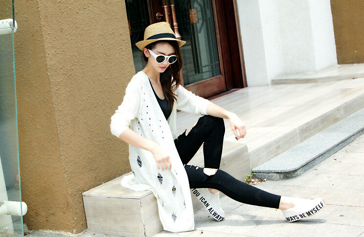Female Sweater Solid Cardigans Long Sleeved Cardigan Open Stitch - White