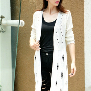 Female Sweater Solid Cardigans Long Sleeved Cardigan Open Stitch - White
