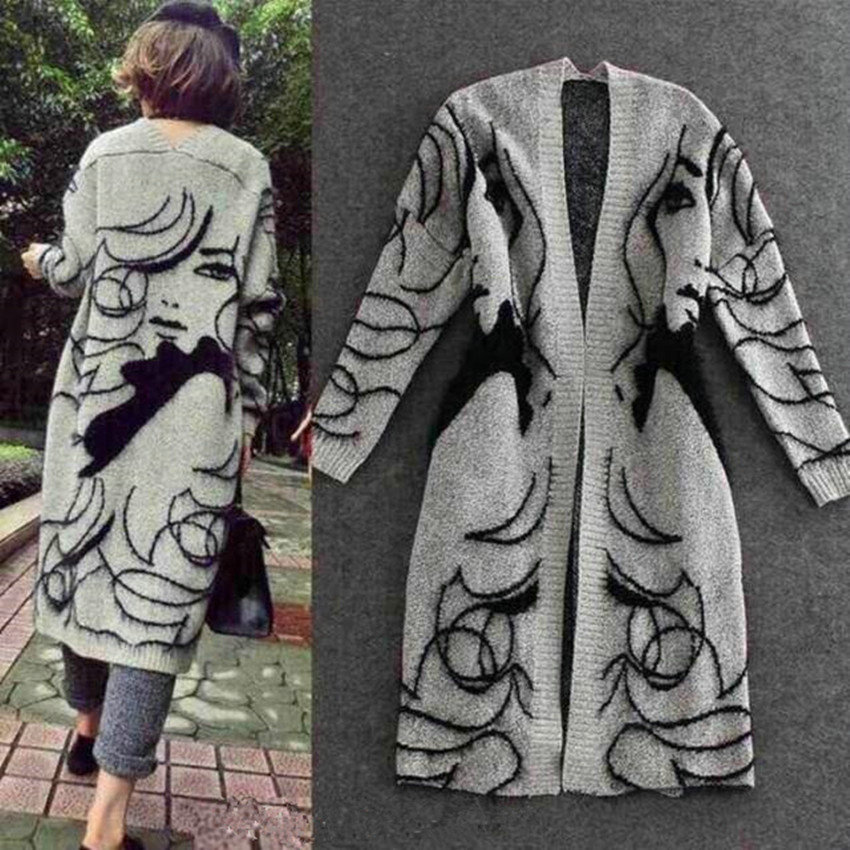 Long Sweater Female Bat Sleeve Loose Knit Cardigan Thick Printing - Grey