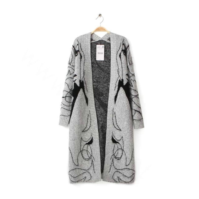 Long Sweater Female Bat Sleeve Loose Knit Cardigan Thick Printing - Grey