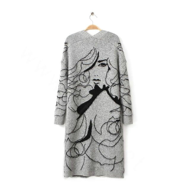 Long Sweater Female Bat Sleeve Loose Knit Cardigan Thick Printing - Grey