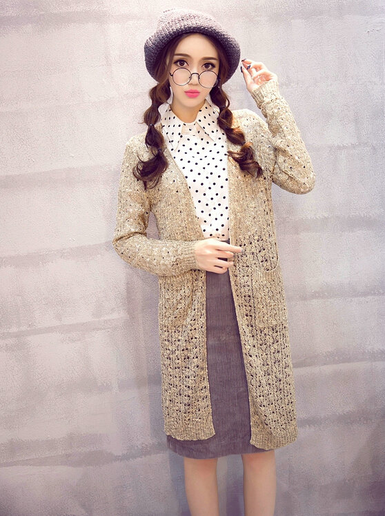 Long Sweater Solid V-Neck Open Stitch Winter Cardigan - Beige