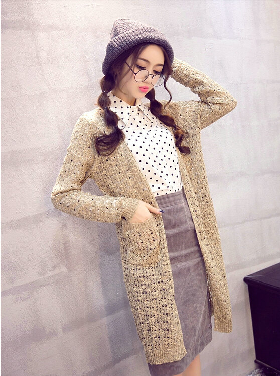 Long Sweater Solid V-Neck Open Stitch Winter Cardigan - Beige
