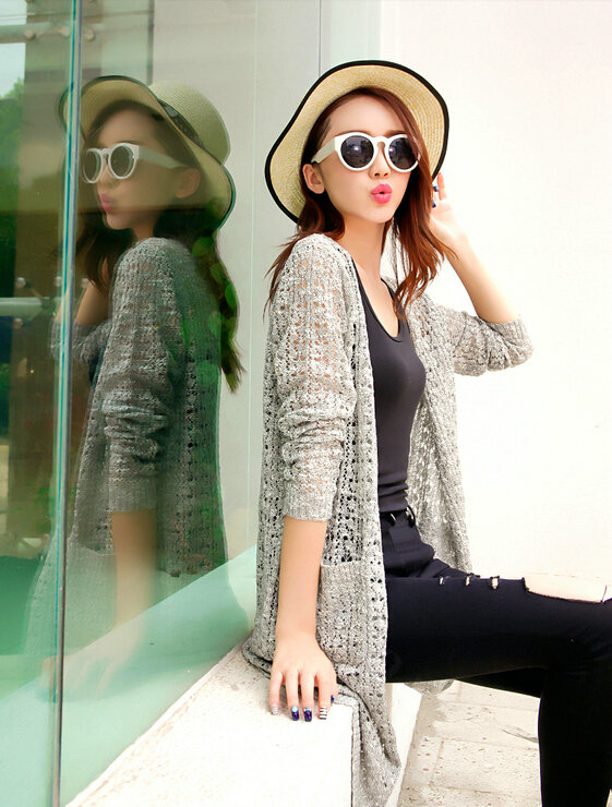 Long Sweater Solid V-Neck Open Stitch Winter Cardigan - Grey