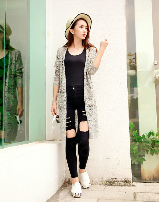 Long Sweater Solid V-Neck Open Stitch Winter Cardigan - Grey