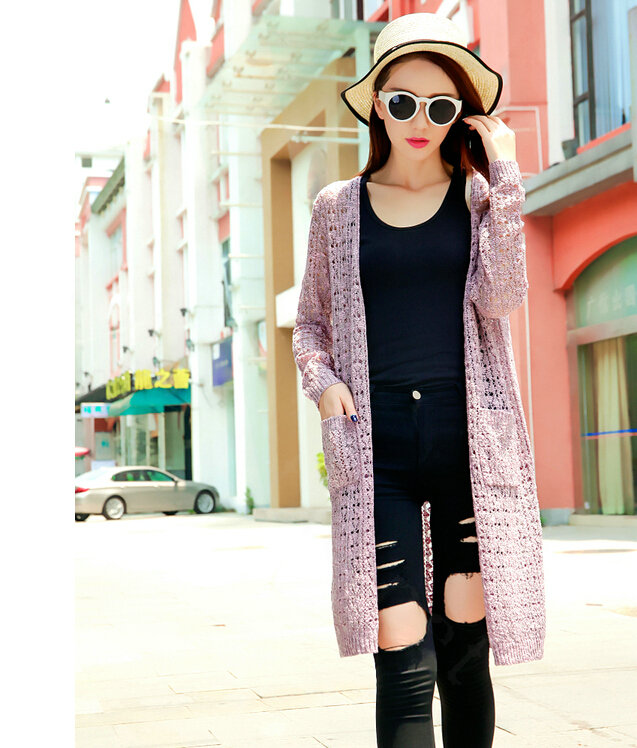 Long Sweater Solid V-Neck Open Stitch Winter Cardigan - Pink