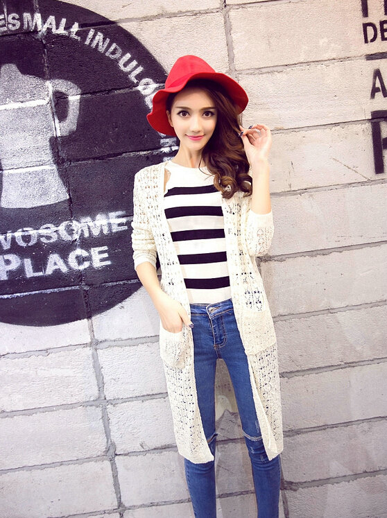 Long Sweater Solid V-Neck Open Stitch Winter Cardigan - White