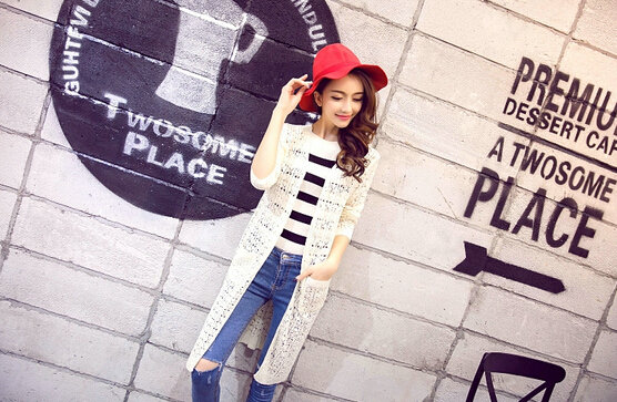 Long Sweater Solid V-Neck Open Stitch Winter Cardigan - White