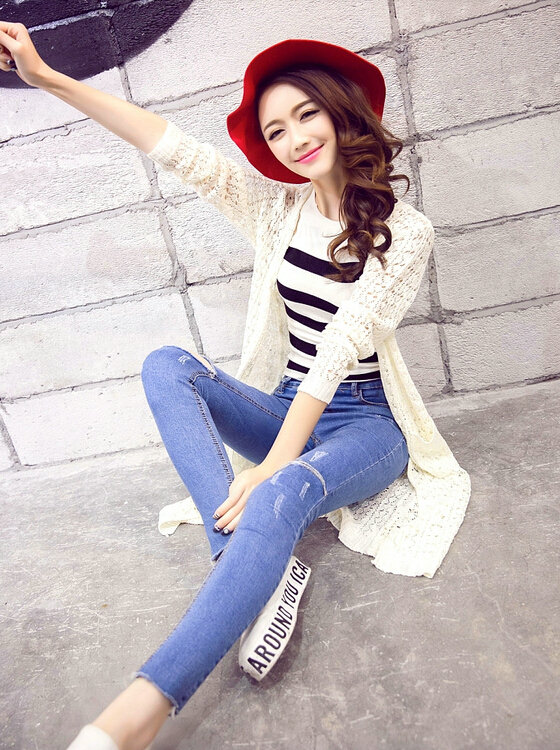 Long Sweater Solid V-Neck Open Stitch Winter Cardigan - White