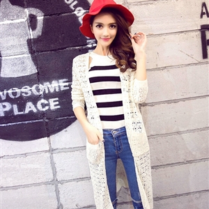 Long Sweater Solid V-Neck Open Stitch Winter Cardigan - White