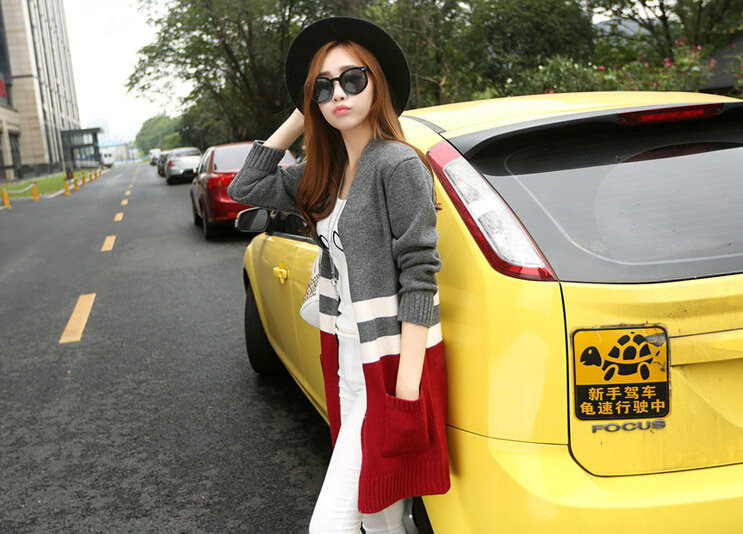 Loose Sweater Color Slim Long Cardigan Pockets Patchwork Girl - Grey