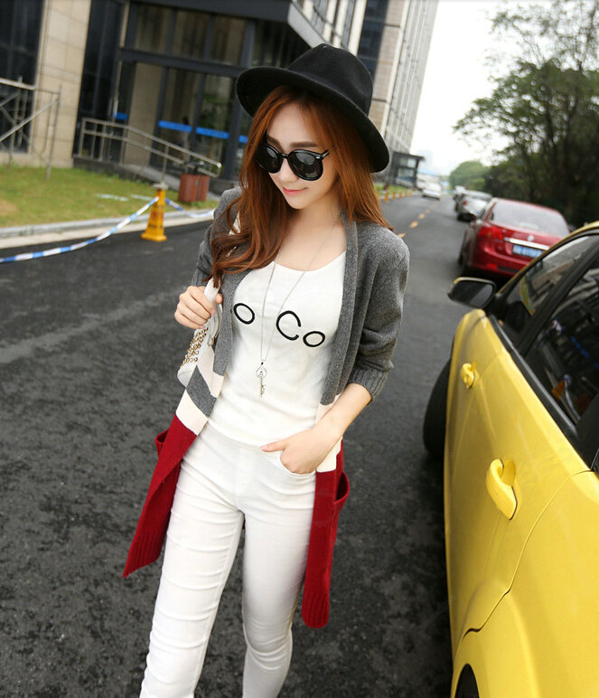 Loose Sweater Color Slim Long Cardigan Pockets Patchwork Girl - Grey