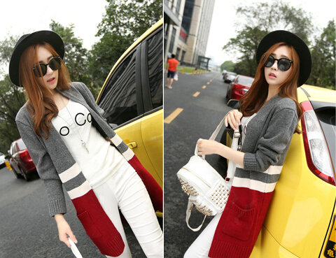 Loose Sweater Color Slim Long Cardigan Pockets Patchwork Girl - Grey