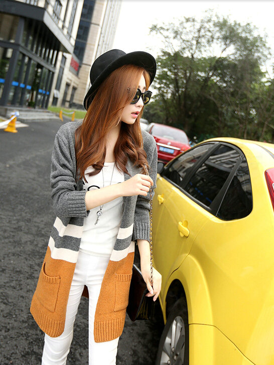 Loose Sweater Color Slim Long Cardigan Pockets Patchwork Girl - Khaki