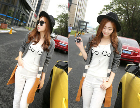 Loose Sweater Color Slim Long Cardigan Pockets Patchwork Girl - Khaki