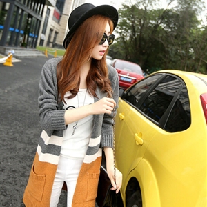 Loose Sweater Color Slim Long Cardigan Pockets Patchwork Girl - Khaki