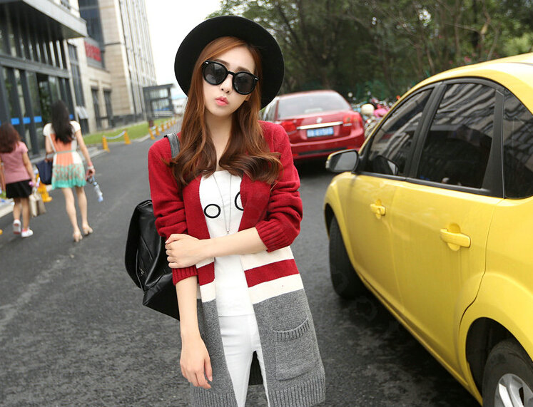 Loose Sweater Color Slim Long Cardigan Pockets Patchwork Girl - Red