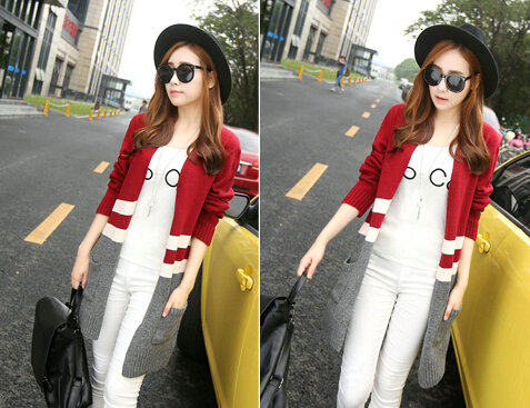 Loose Sweater Color Slim Long Cardigan Pockets Patchwork Girl - Red