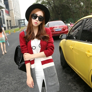 Loose Sweater Color Slim Long Cardigan Pockets Patchwork Girl - Red