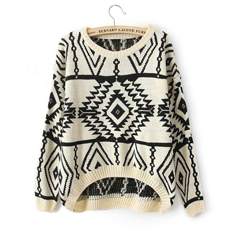 Novelty Sweater Winter Hot Sleeved Loose Female Wool Lattice Geometry - Beige