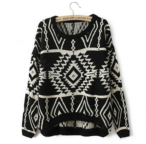 Novelty Sweater Winter Hot Sleeved Loose Female Wool Lattice Geometry - Black