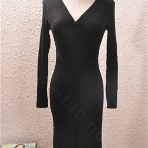Sexy Dresses Knitting Winter Knee Length Women Work Wear V-neck - Black