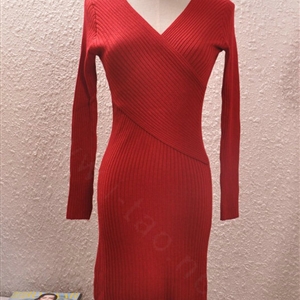 Sexy Dresses Knitting Winter Knee Length Women Work Wear V-neck - Red