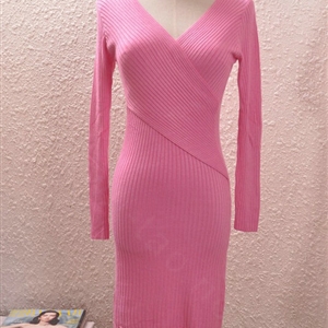 Sexy Dresses Knitting Winter Knee Length Women Work Wear V-neck - Rose