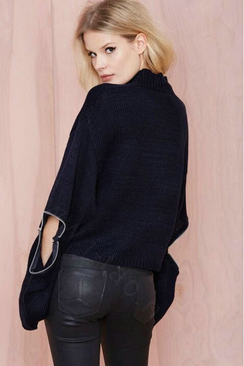 Style Sweaters Womens Opening Short Paragraph Collar Jacket Zipper - Black
