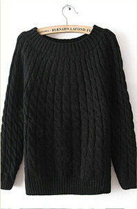 Sweater Classic Women Sleeve Pure Thick Solid O-Neck - Black